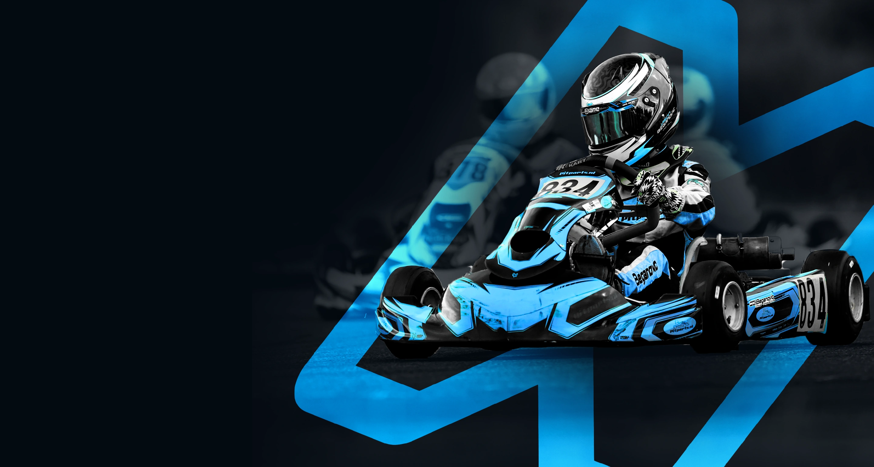 A racing driver in a cyan and black kart, framed by the Mike Onstenk graphic mark